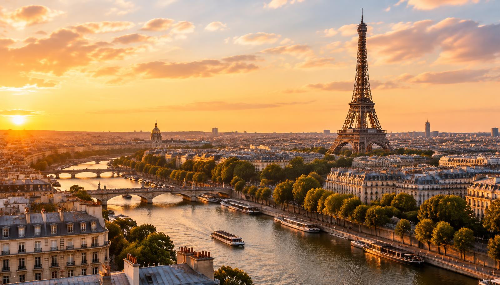 The Eiffel Tower rising above Paris rooftops at golden hour