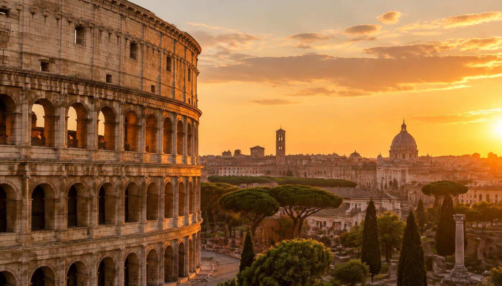 Colosseum glowing at sunset above the Roman Forum and Rome skyline